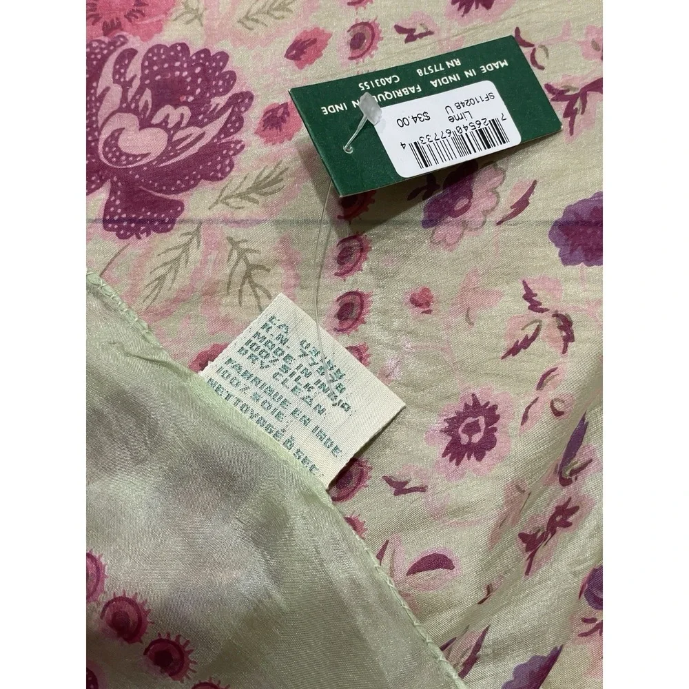 April Cornell Light Green and Purple/Pink Silk Floral Scarf, NWT
